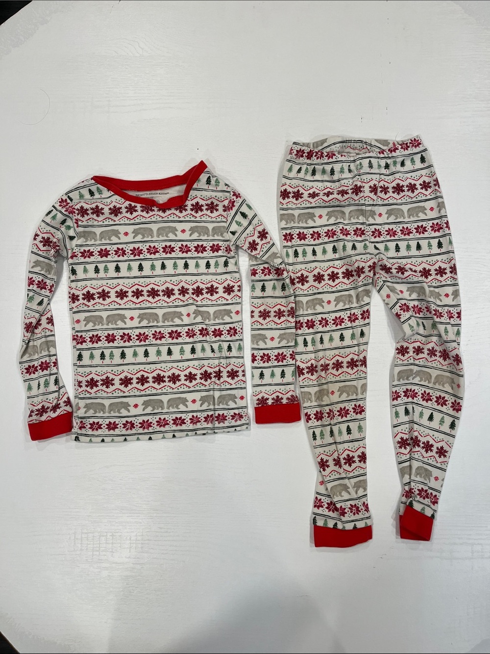 Burt’s Bees Holiday Bear Print Kids Pajama Set - Cream & Red